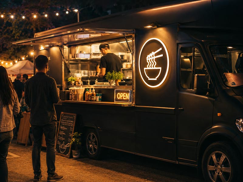 Food truck LED sign near serving window