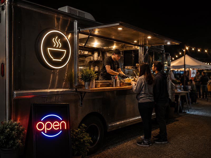 Food truck LED sign for outdoor mobile restaurant branding