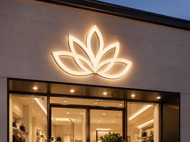 Front-lit acrylic logo sign with even face lighting for a retail storefront
