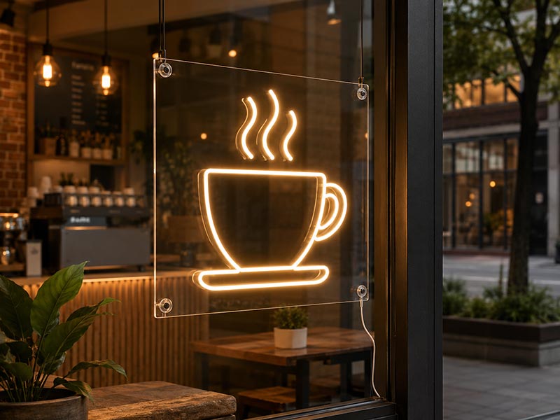 Glass window mounted LED sign for coffee shop