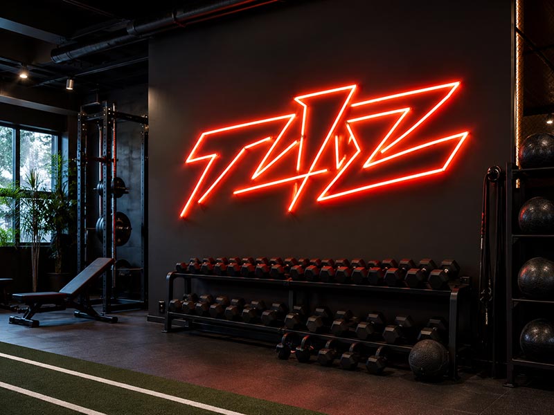 Bold custom LED neon text sign for gym wall