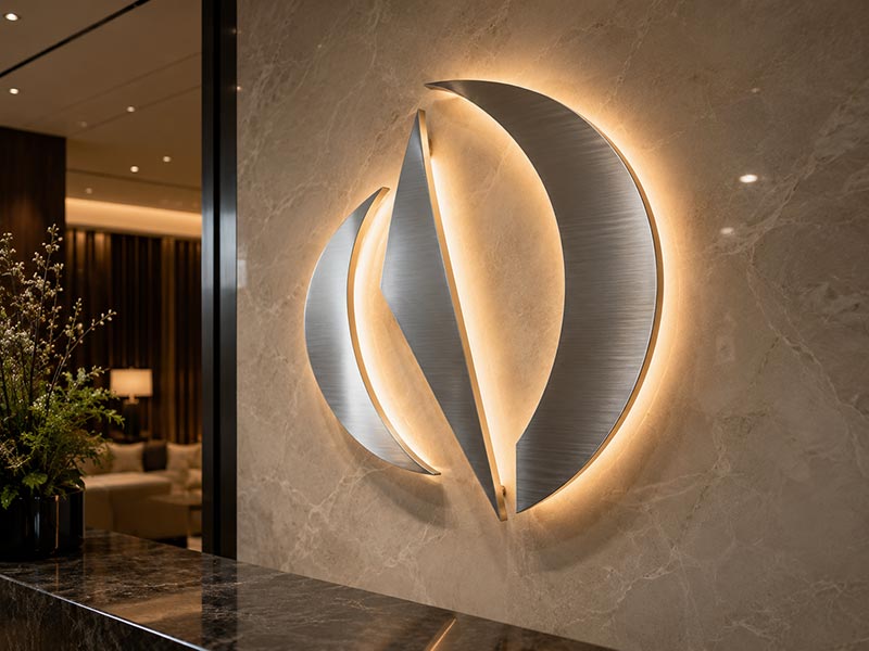 Halo-lit letters for hotel lobby and office reception signs