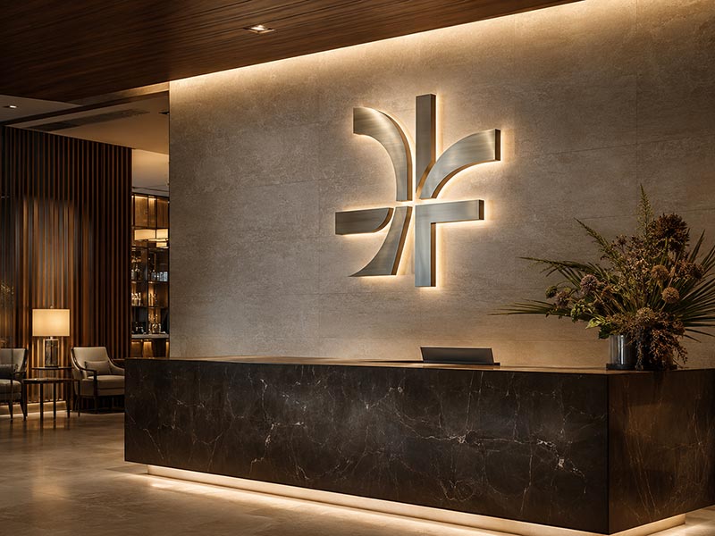 Halo-lit stainless steel letters for hotel lobby signage