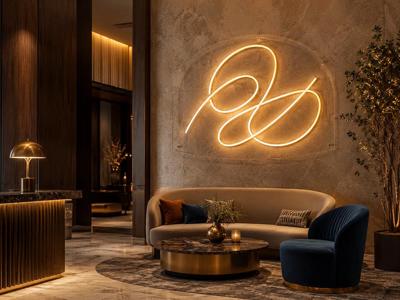 Custom LED neon text sign for hotel hospitality interior