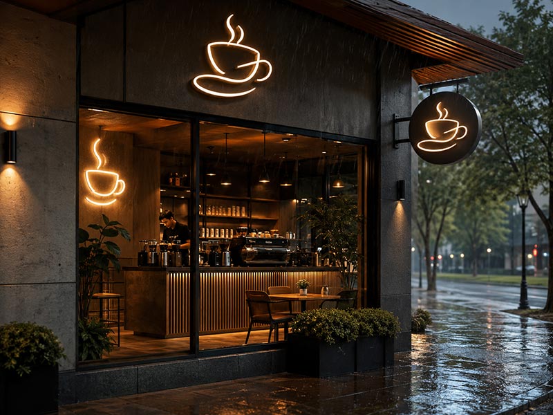 Indoor and outdoor coffee shop LED signs for cafe walls windows and storefronts