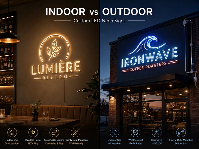 Indoor and outdoor custom LED neon signs showing different structures, wiring, mounting, and use environments