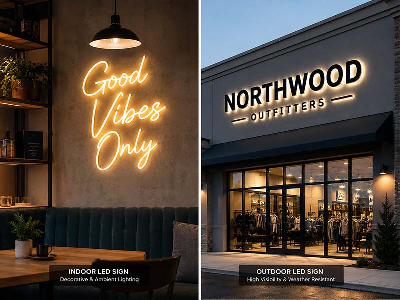 Indoor LED neon sign and outdoor channel letter LED sign comparison for different commercial signage locations