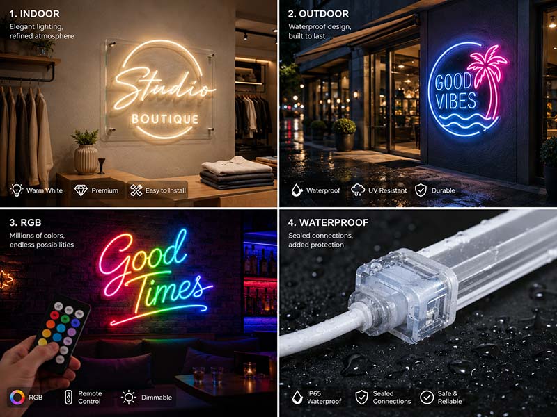 Indoor outdoor RGB and waterproof LED neon sign options for commercial projects