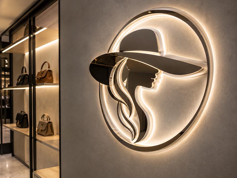 Layered acrylic LED logo sign with premium depth for a boutique brand wall