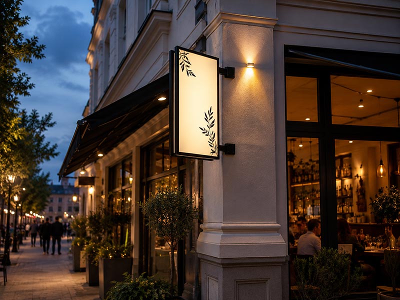LED blade sign for corner restaurant visibility