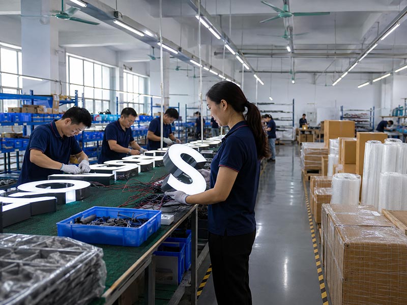 Workers assembling illuminated LED channel letter signs in a clean factory workshop with packaging materials for export.