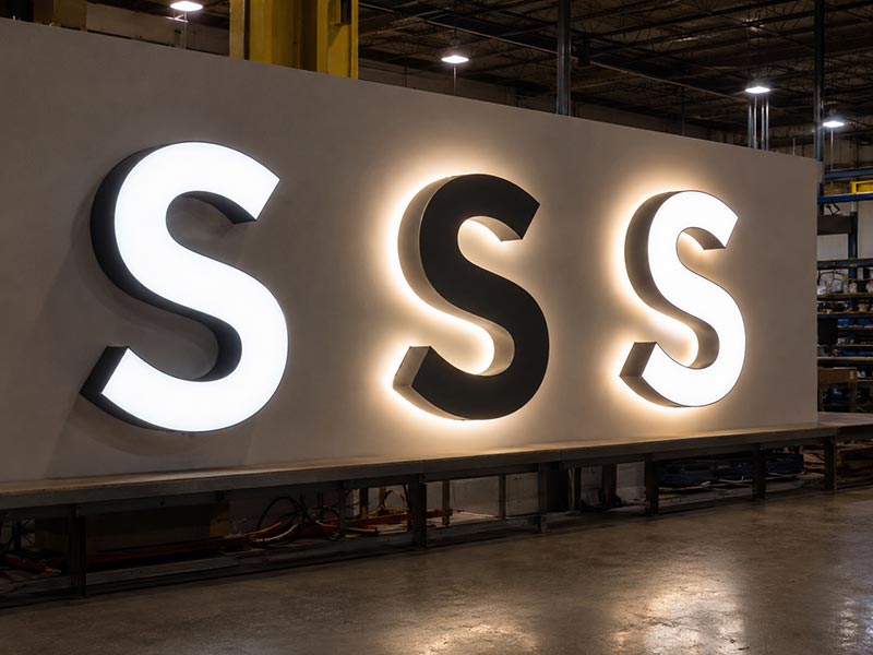 Front-lit, halo-lit, and front-and-back-lit LED channel letter samples displayed on a factory testing wall.