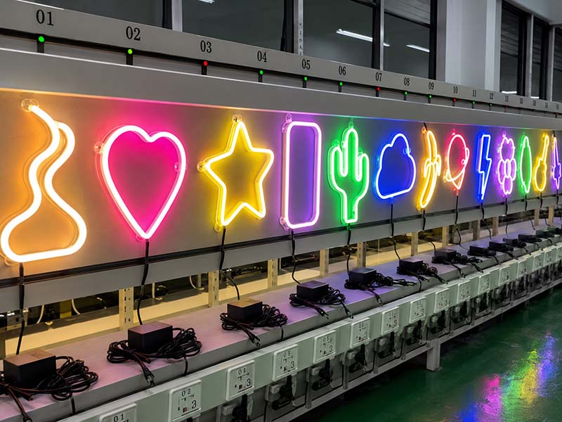 Custom LED neon signs undergoing 72-hour factory lighting test