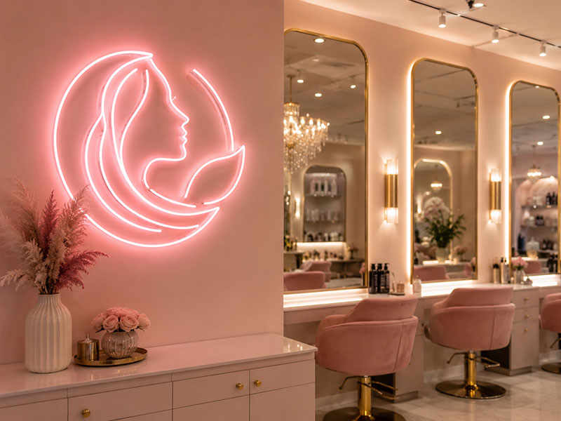 Custom LED neon sign with premium finish for a beauty salon interior