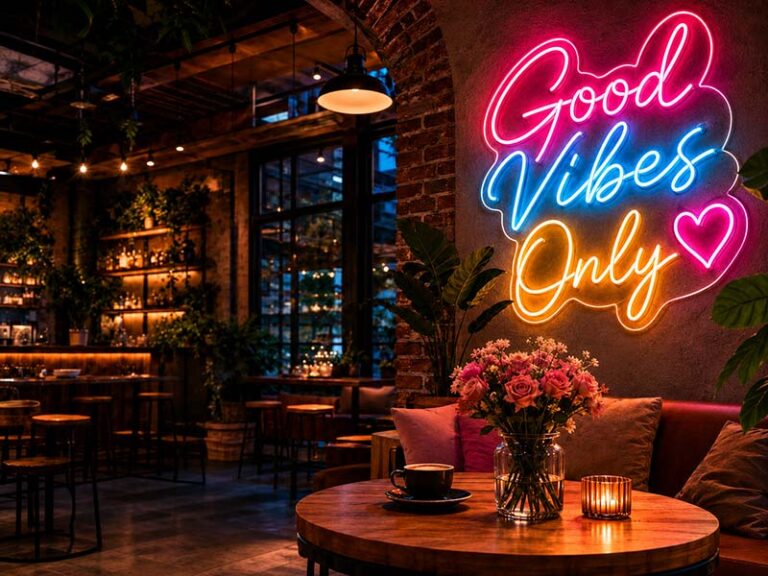 Warm cafe and bar interior with a colorful LED neon sign on the wall, showing how custom LED neon signs create a photo-friendly brand atmosphere.