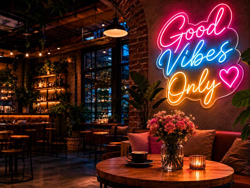 Warm cafe and bar interior with a colorful LED neon sign on the wall, showing how custom LED neon signs create a photo-friendly brand atmosphere.