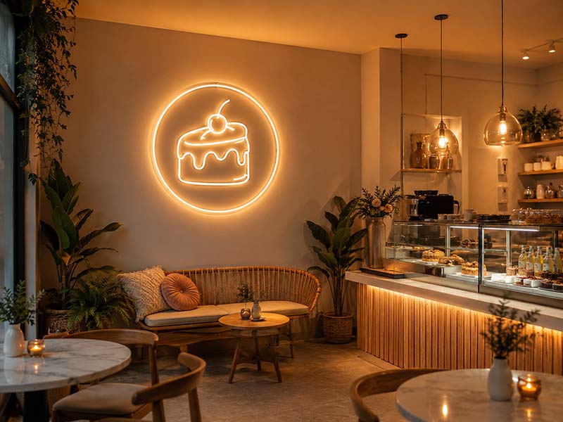 Custom LED neon sign on a warm cafe brand wall, showing how soft neon lighting creates a photo-friendly interior space.