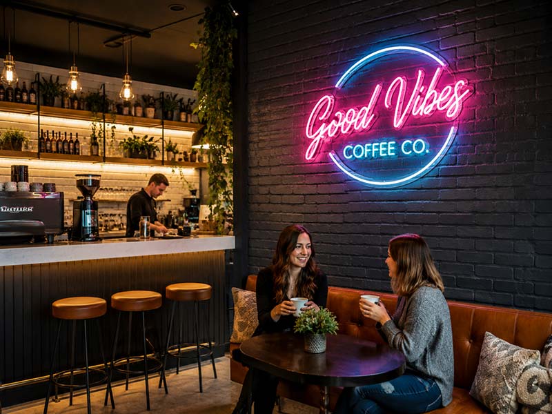 LED neon sign used as a cafe photo spot, creating a colorful brand wall where customers can relax and take pictures.