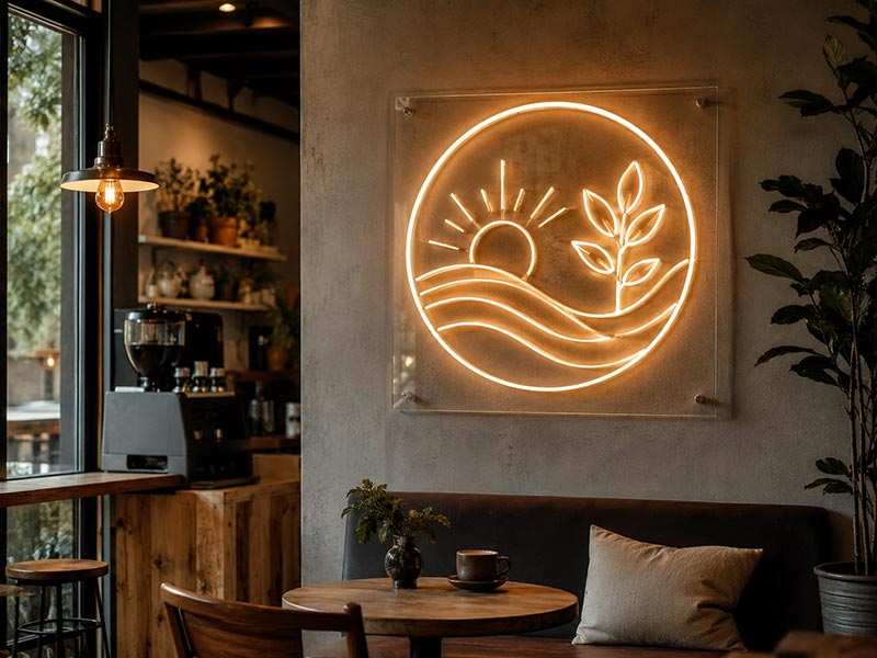 Warm cafe LED neon logo wall sign for restaurant interior branding