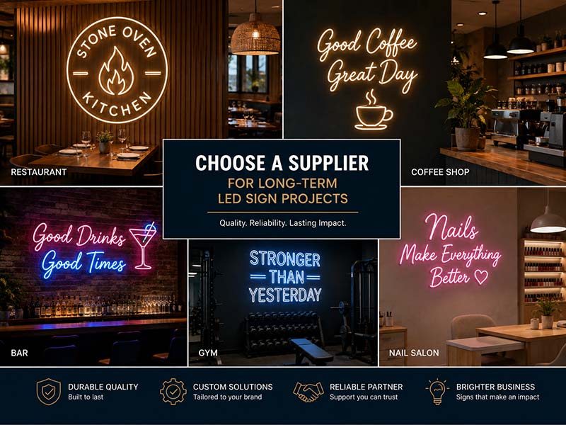 Custom LED neon signs used in restaurants, coffee shops, bars, gyms, and nail salons for commercial branding