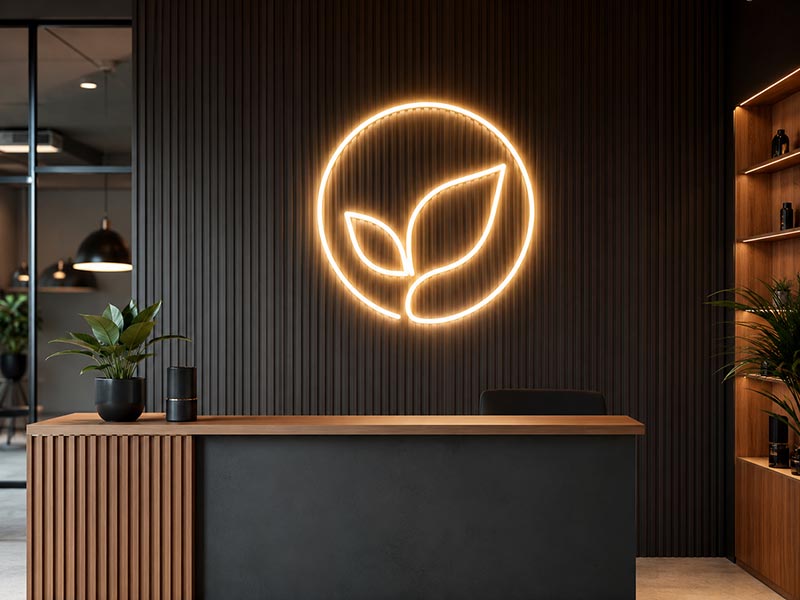 Custom LED neon logo sign used in a commercial brand interior project