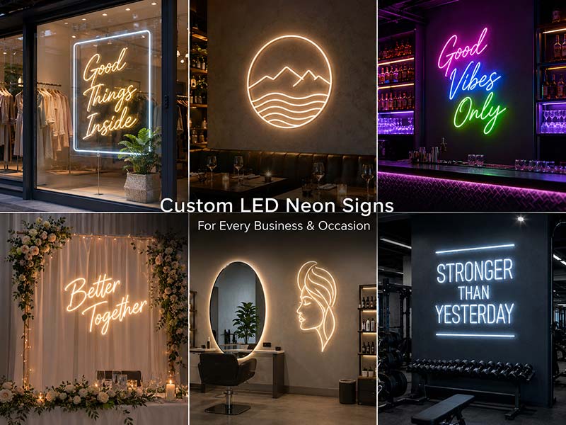 Custom LED neon signs for retail restaurants bars events salons gyms and brand projects