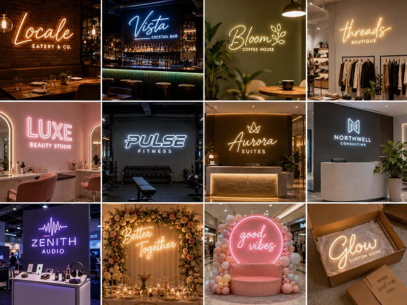 Custom LED neon signs for restaurants, bars, cafés, retail stores, salons, gyms, hotels, offices, events, and online brands