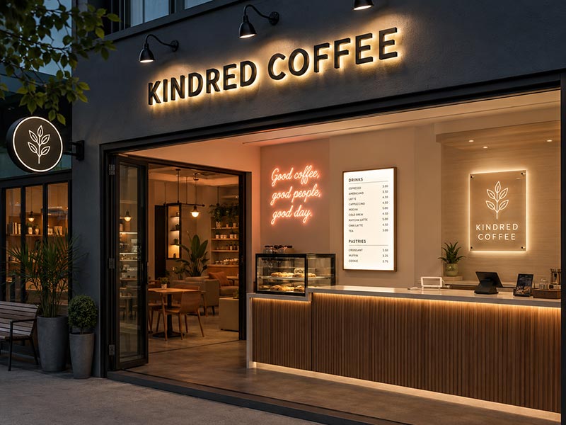 Modern cafe storefront using channel letters, LED neon wall signage, menu light box, and acrylic LED logo sign for different branding needs.