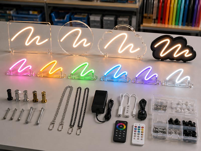 Custom LED neon sign color backing mounting and power options