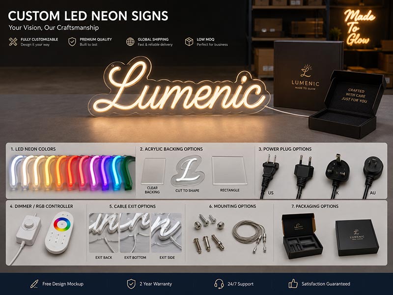 Custom LED neon sign options including color, backing, power, controller, installation hardware, and packaging