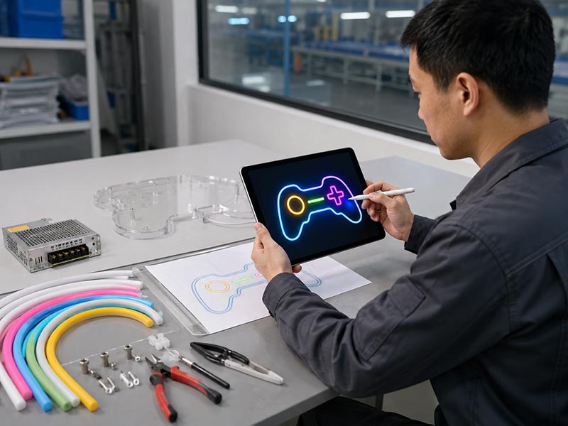 Factory technician reviewing LED neon sign design details before production