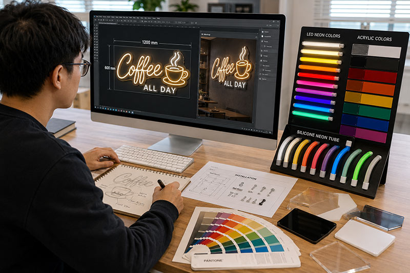 LED neon sign design review process with 3D mockup, color samples, acrylic materials, and installation planning