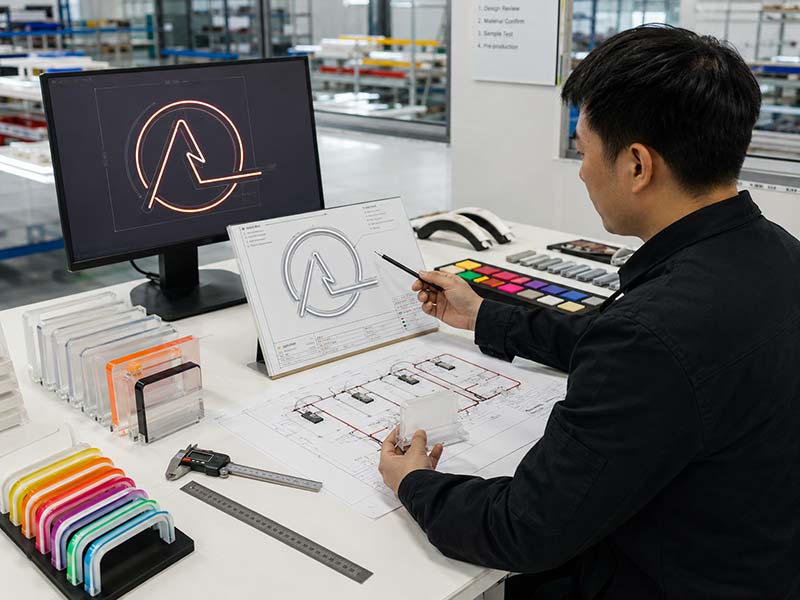 Engineer reviewing custom LED neon sign artwork before production