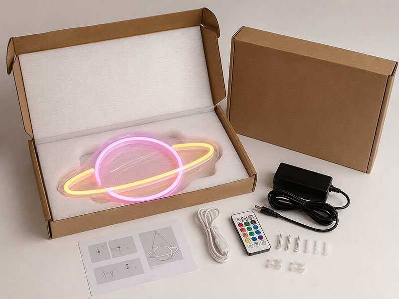 Custom LED neon sign export packaging with accessories power supply and protective foam