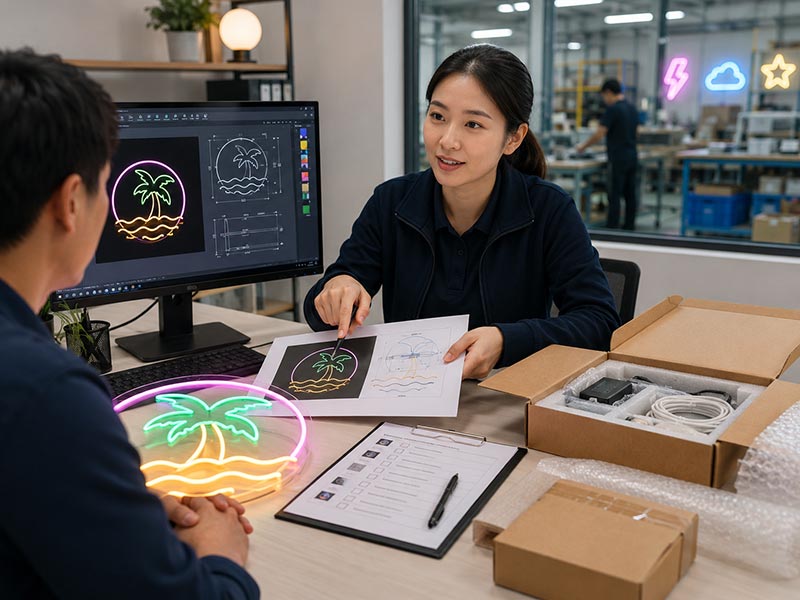 LED neon sign factory support team reviewing custom project questions and quote details