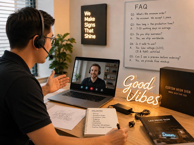 Customer support for custom LED neon sign questions, samples, packaging, and export details