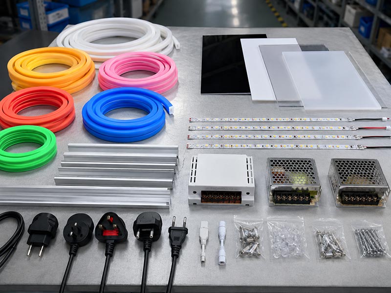 LED neon sign materials including silicone tube acrylic backing power supply and mounting accessories