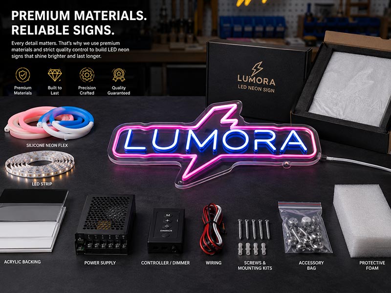 Materials used in custom LED neon sign production including neon flex, LED strip, acrylic backing, power supply, and accessories