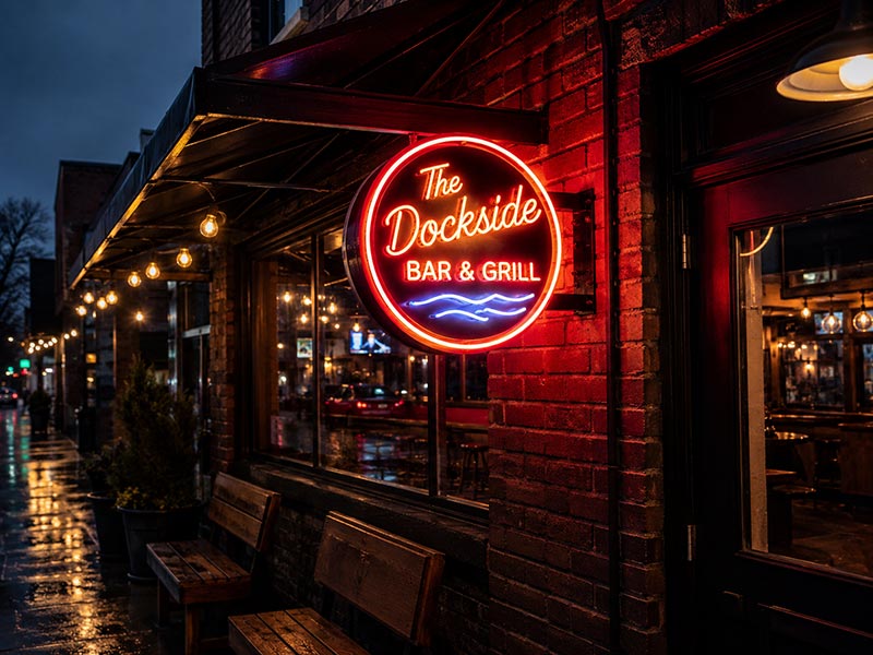 Outdoor LED neon sign installed on a bar entrance at night, showing secure mounting, bright visibility, and semi-outdoor commercial use.
