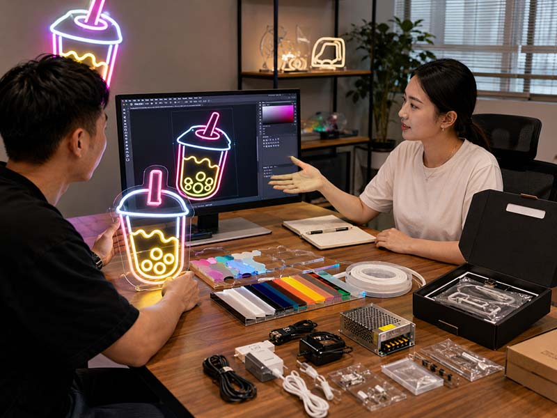 Custom LED neon sign project consultation with design sample materials and packaging options