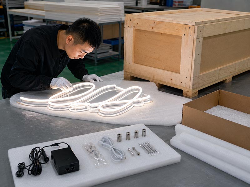 LED neon sign quality control and export packing with lighting test, accessory check, foam protection, carton, and wooden crate