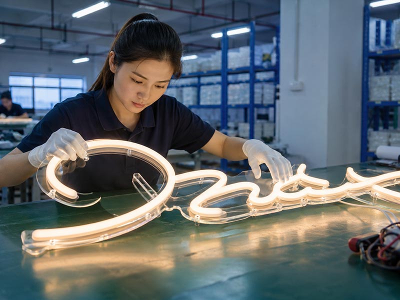 Factory staff inspecting a custom LED neon sign for even lighting, clean acrylic backing, silicone tube shape, and wiring quality