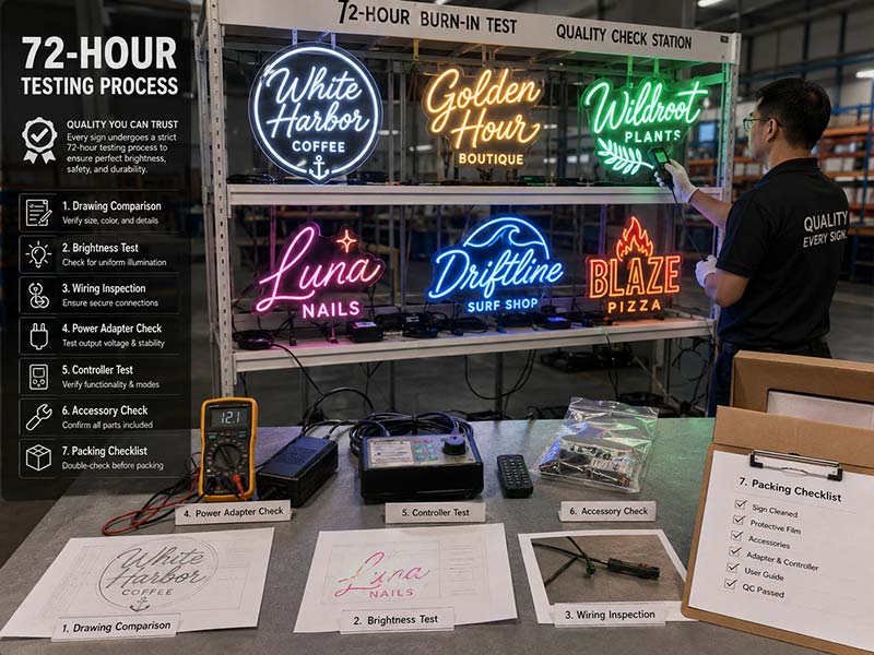 Quality control and 72-hour testing for custom LED neon signs before shipment