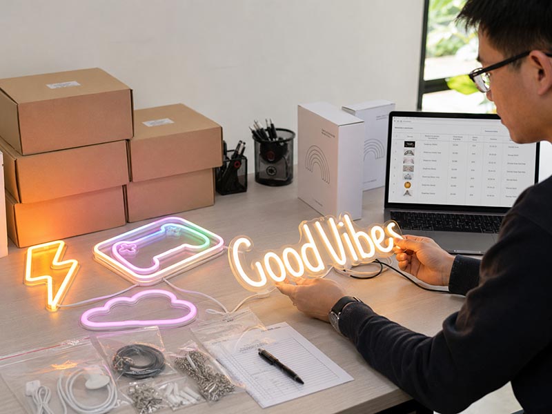 LED sign reseller testing custom neon signs with China export packing