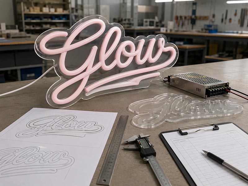 Custom LED neon sign sample production and approval planning in a factory