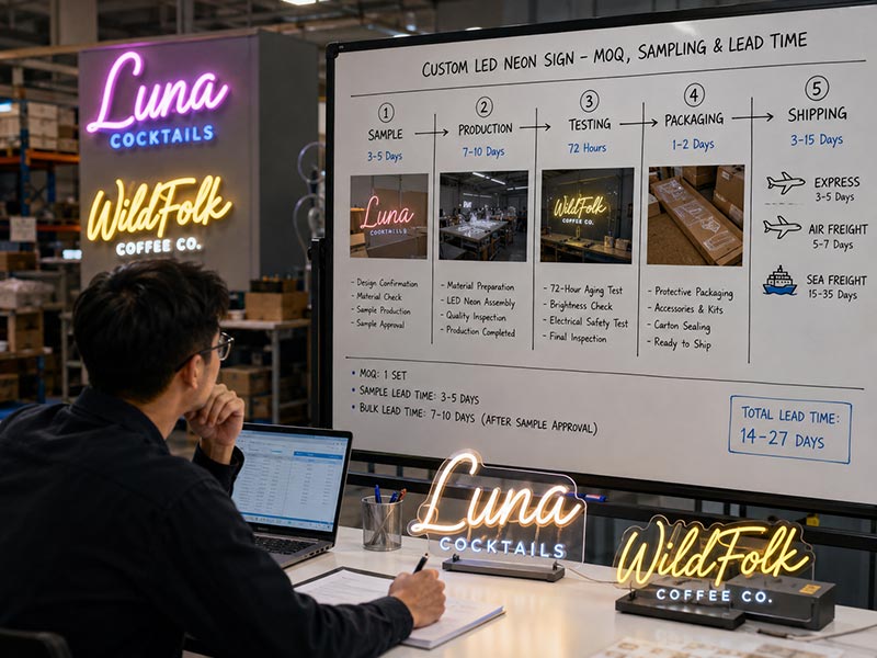 Lead time planning for custom LED neon sign sampling, production, testing, and shipping