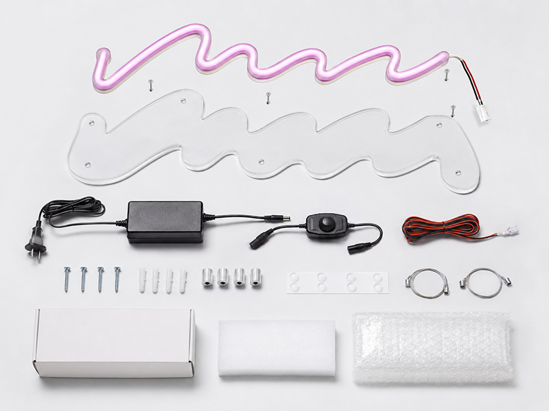 Exploded structure of a custom LED neon sign with acrylic wiring and power adapter