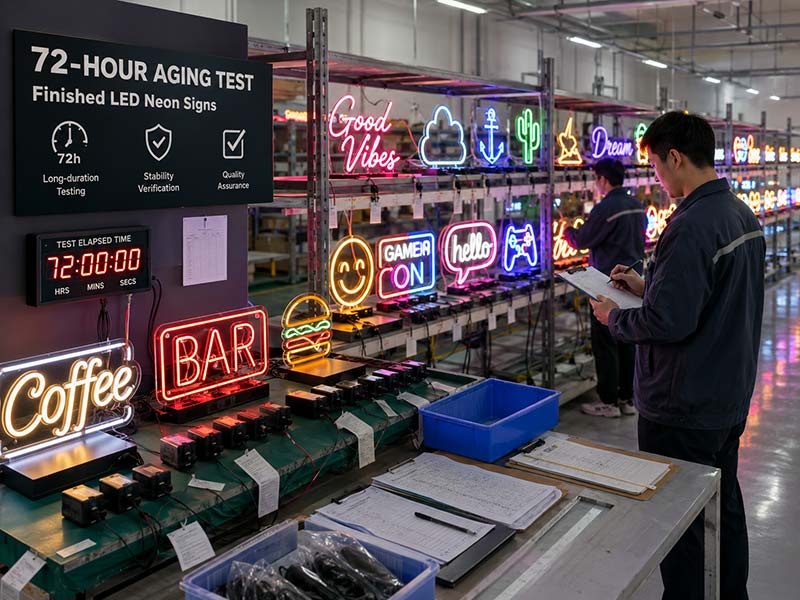 72 hour LED neon sign testing with finished signs power adapters and QC inspection records