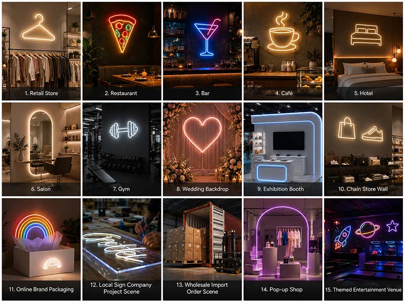 Custom LED neon signs for retail stores restaurants bars cafes hotels salons gyms weddings events and brand projects