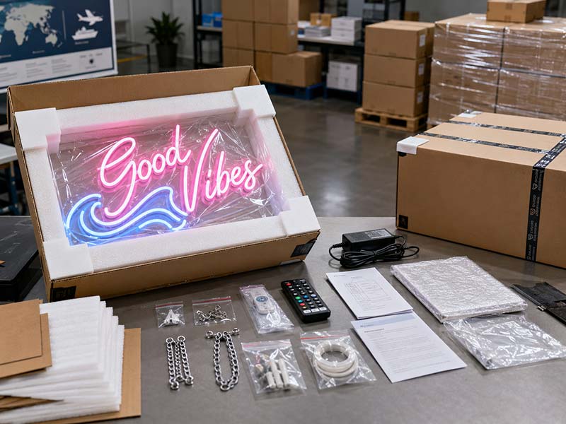 Export packaging for custom LED neon signs with foam protection accessories and shipping cartons